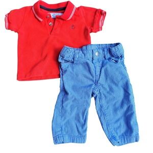 Petit‎ Bateau Outfit Set Red Polo Blue Striped Pants 3M Nautical Baby Boy 2pc